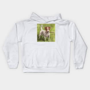 Painting of a Jack Russell Dog With a Stick in its Mouth Standing on a Green Grass Kids Hoodie